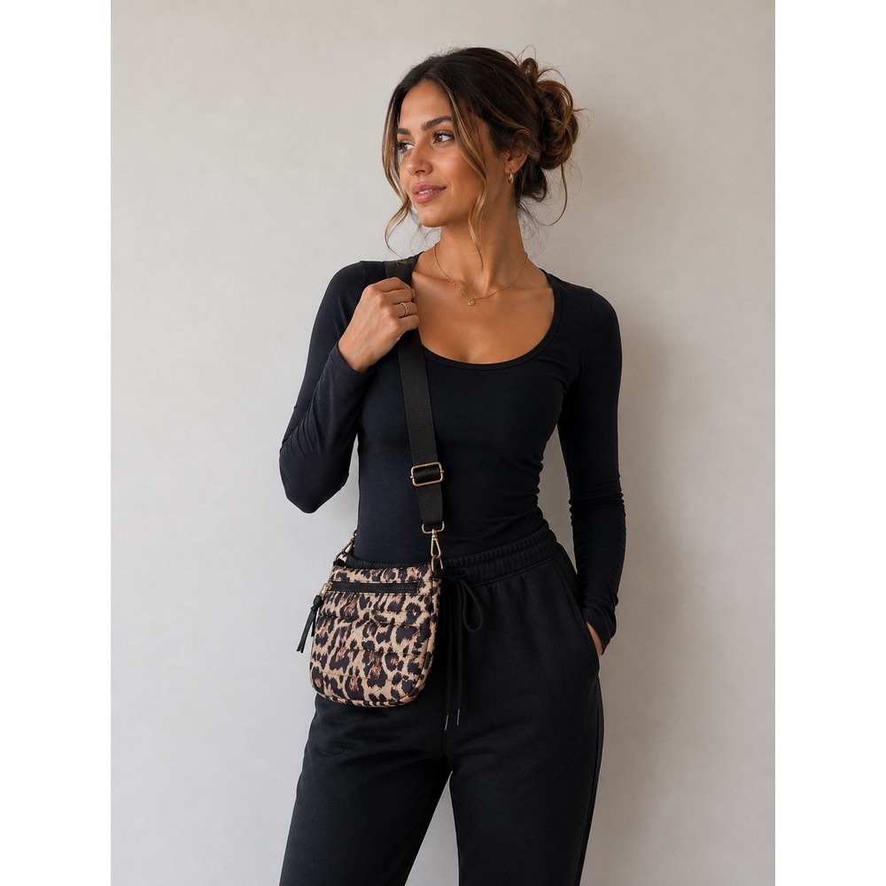 Leopard Print Puffer Crossbody Bag Quilted Lightweight Shoulder Purse Adjustable